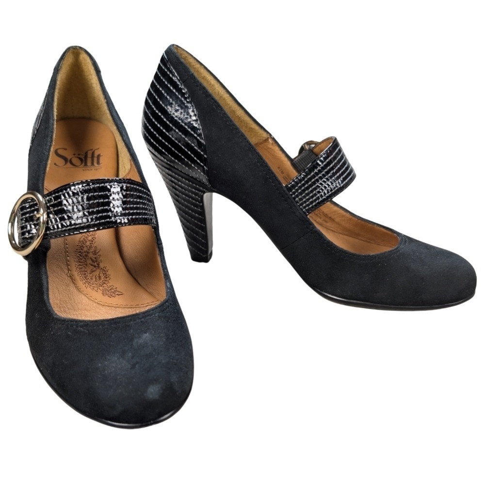 Sofft Black‎ Mary Jane Heels Size 6.5 Suede Patent Leather Comfort Pumps